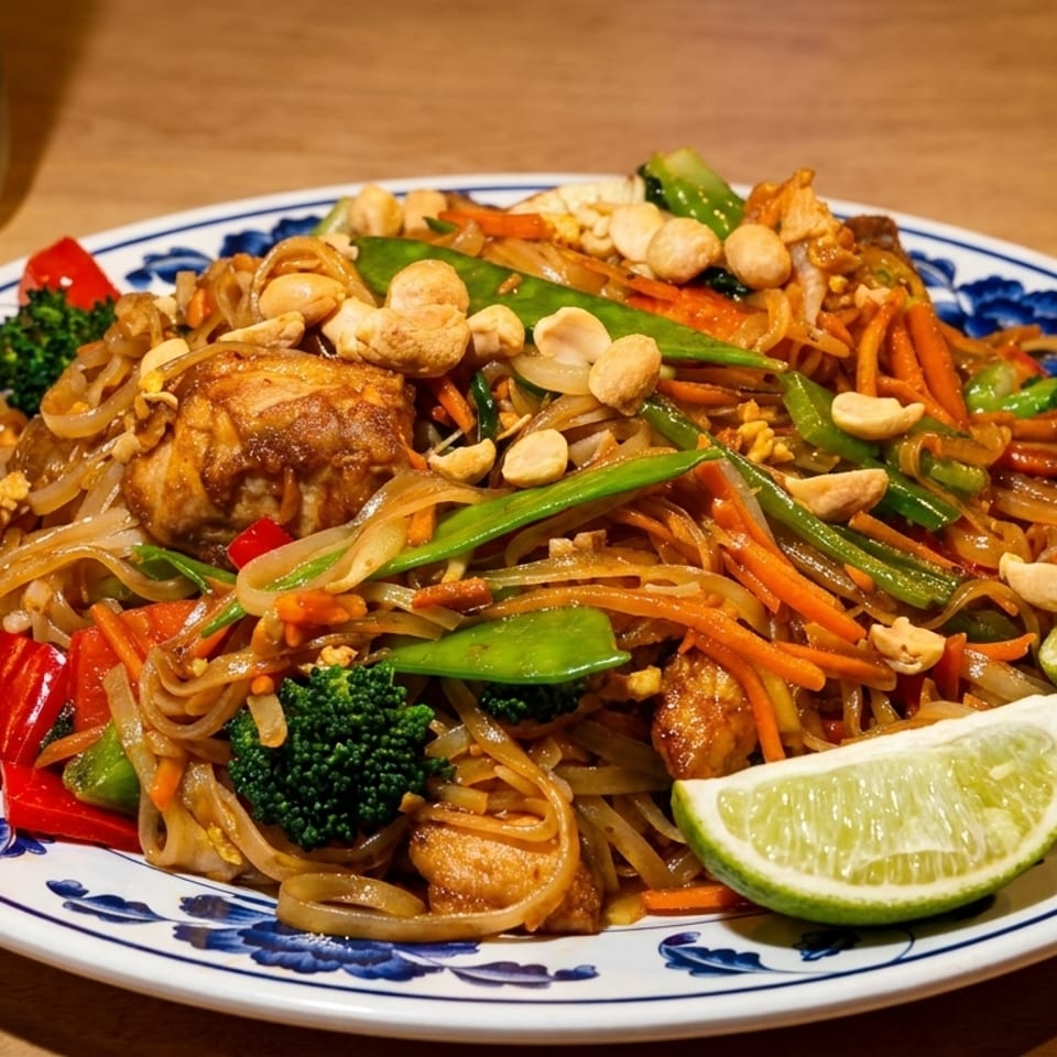 Chicken Pad See Ew with broccoli, carrots, snap peas, red peppers, cashews, and lime wedges.