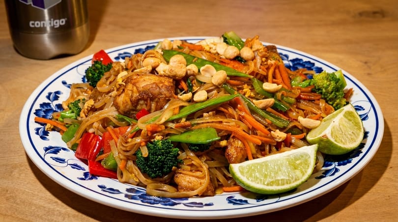 Chicken Pad See Ew with broccoli, carrots, snap peas, red peppers, cashews, and lime wedges.