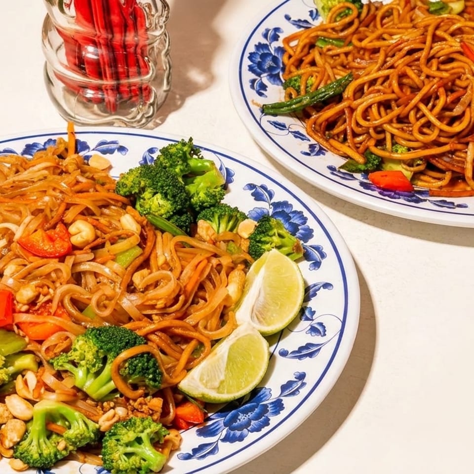 Two plates of noodles with broccoli, peppers, and peanuts, one with lime wedges.