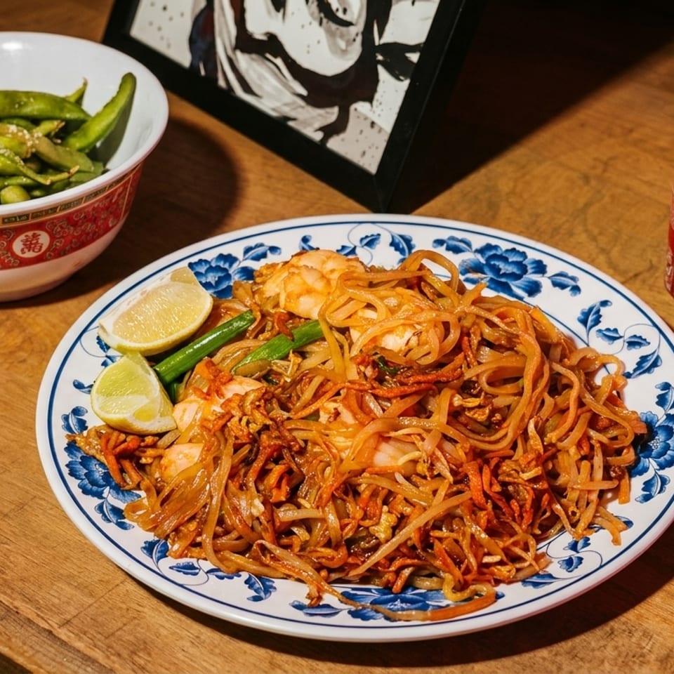 Pad Thai with shrimp and lime wedges, a bowl of edamame, and a Coca-Cola can on a wooden table.