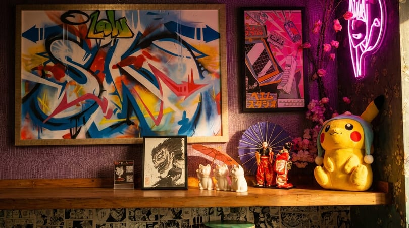 A vibrant, anime-themed restaurant interior with graffiti art, figurines, and a large Pikachu plush toy.