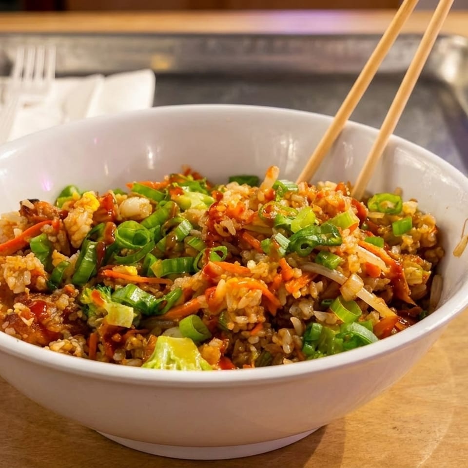 A white bowl of fried rice with carrots, green onions, and chopsticks on a wooden table.