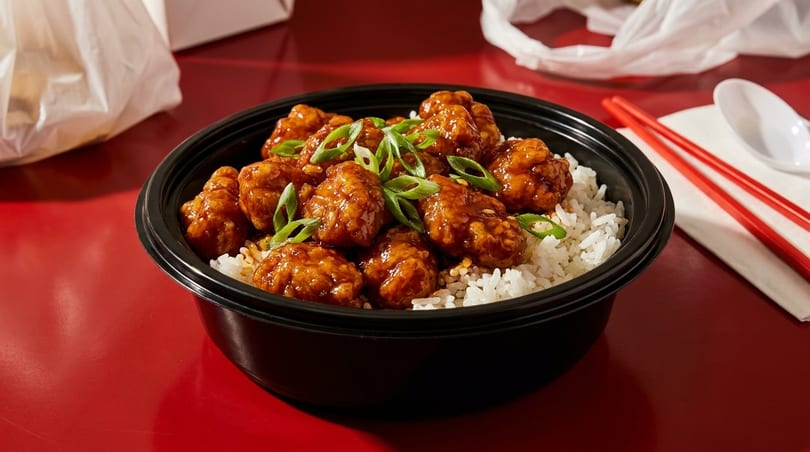 Orange chicken and rice in a black bowl with chopsticks and takeout bags on a red table.